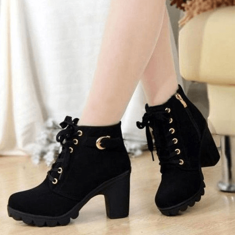 Women Girl High Top Heel Ankle Boots Winter Pumps Lace up Buckle Suede Shoes - MRSLM