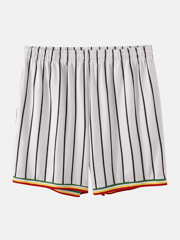 Mens Vertical Stripes Short Sleeve Elastic Waist Home Casual Two Piece Pajama Set - MRSLM