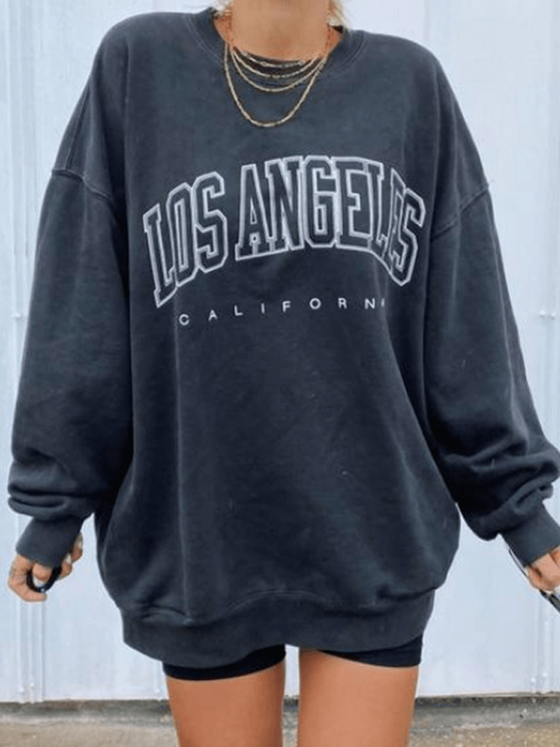 Women Letter Print Drop Shoulder Pullover Simple Navy Sweatshirt - MRSLM