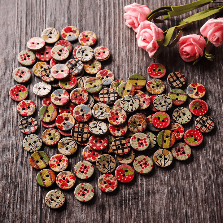 100 PCS round Pattern Wooden Button Mixed 2 Hole Natural Sewing Children Handmade Clothes Buttons - MRSLM