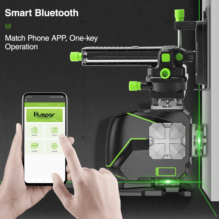 Huepar S03DG 12 Lines 3D Cross Line Laser Level LCD Display Bluetooth & Remote Control Functions Green Beam with Hard Carry Case - MRSLM