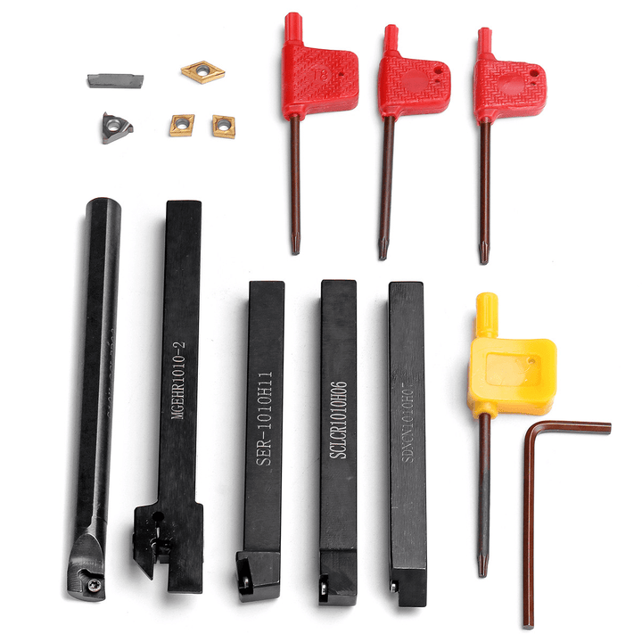 5Pcs 10Mm Shank Lathe Turning Tool Holder Boring Bar CNC Tools Set with Carbide Inserts and Wrenches - MRSLM