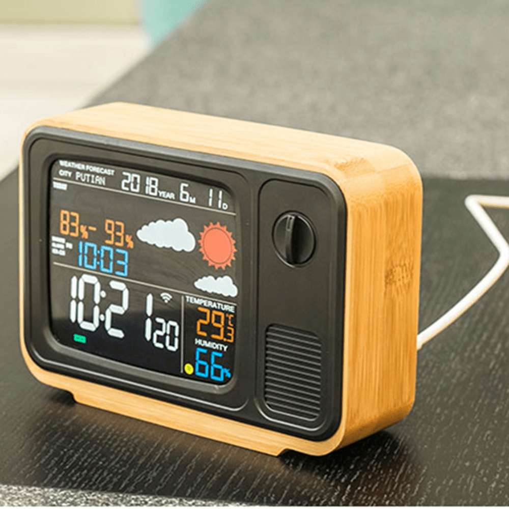 Digital USB Wifi Weather Forecast Station Desk Bamboo Alarm Clock Temperature Humidity APP Control - MRSLM