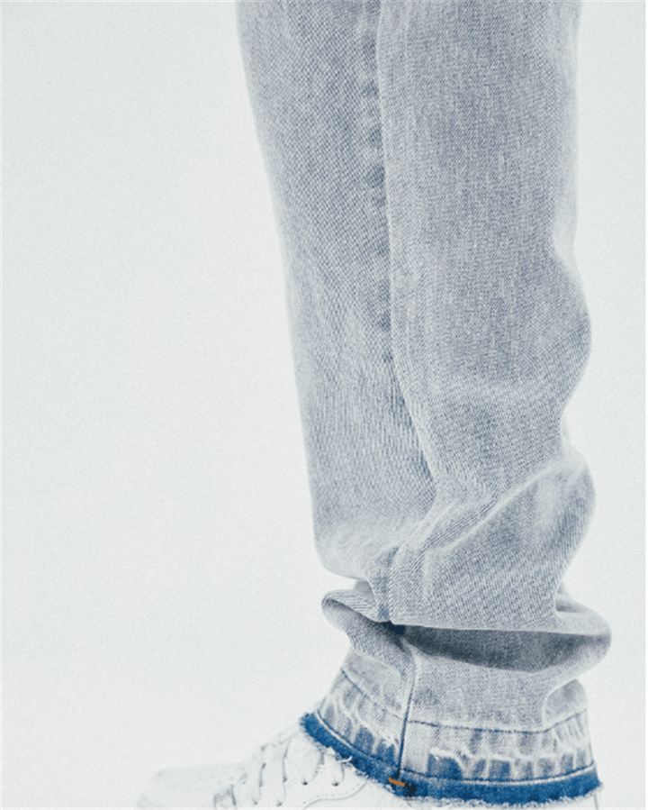 Washed Blue Frayed Edging Distressed Embroidered Straight-Leg Jeans - MRSLM