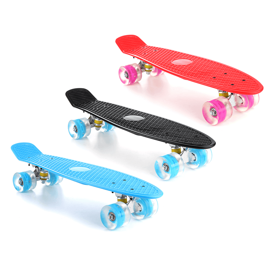 22'' LED Light up Fish Skateboard 4 PU Wheel Single Warping Board Teenagers Kids Skateboard - MRSLM