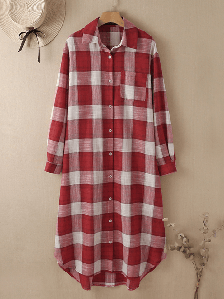 Women Plaid Commute Business Outer Wear Bottom down Front Loose Shirt Dress Cardigans - MRSLM