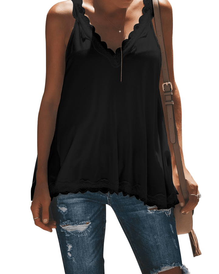 Casual Summer V-Neck Lace Patchwork Sleeveless Tank Top - MRSLM