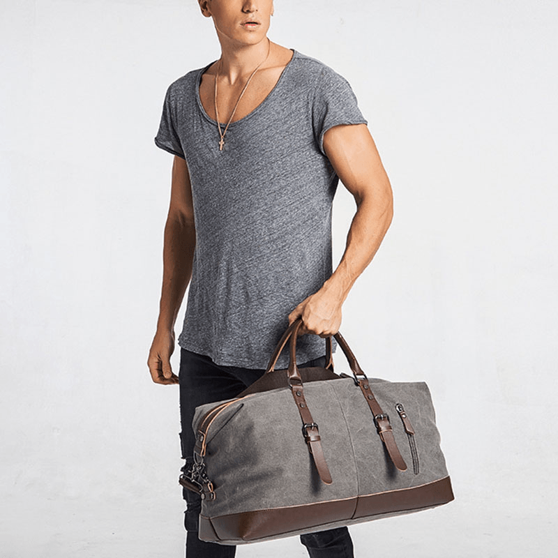 Men Canvas PU Leather Large Capacity Multi-Pocket Handbag Shoulder Bag Travel Bag Duffle Bag Crossbody Bag - MRSLM