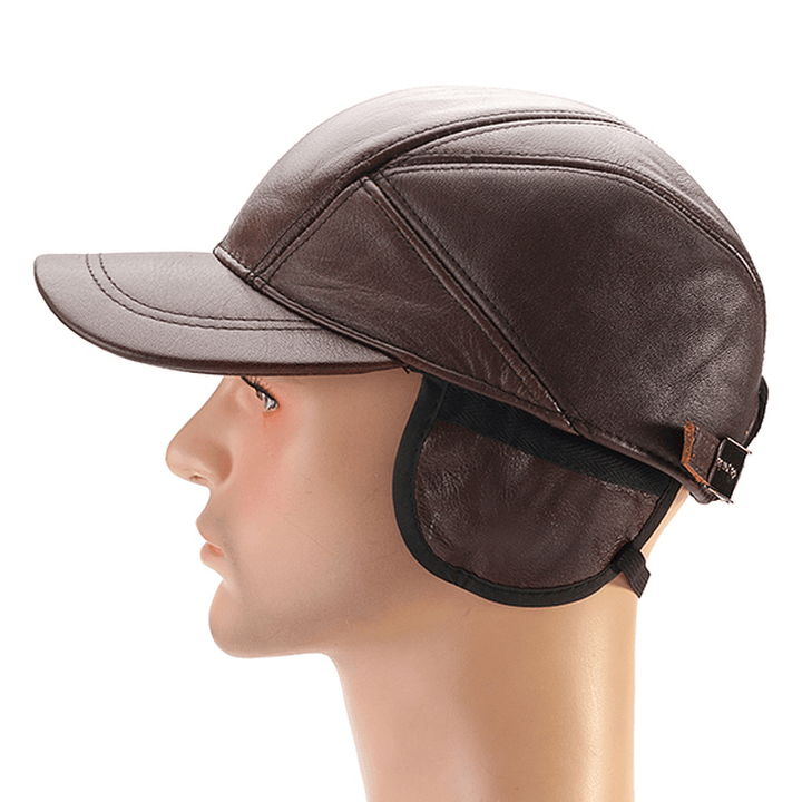 Collrown Mens Winter Warm Genuine Leather Baseball Cap Earflap Ear Muffs Windproof Outdoor Trucker Hats - MRSLM