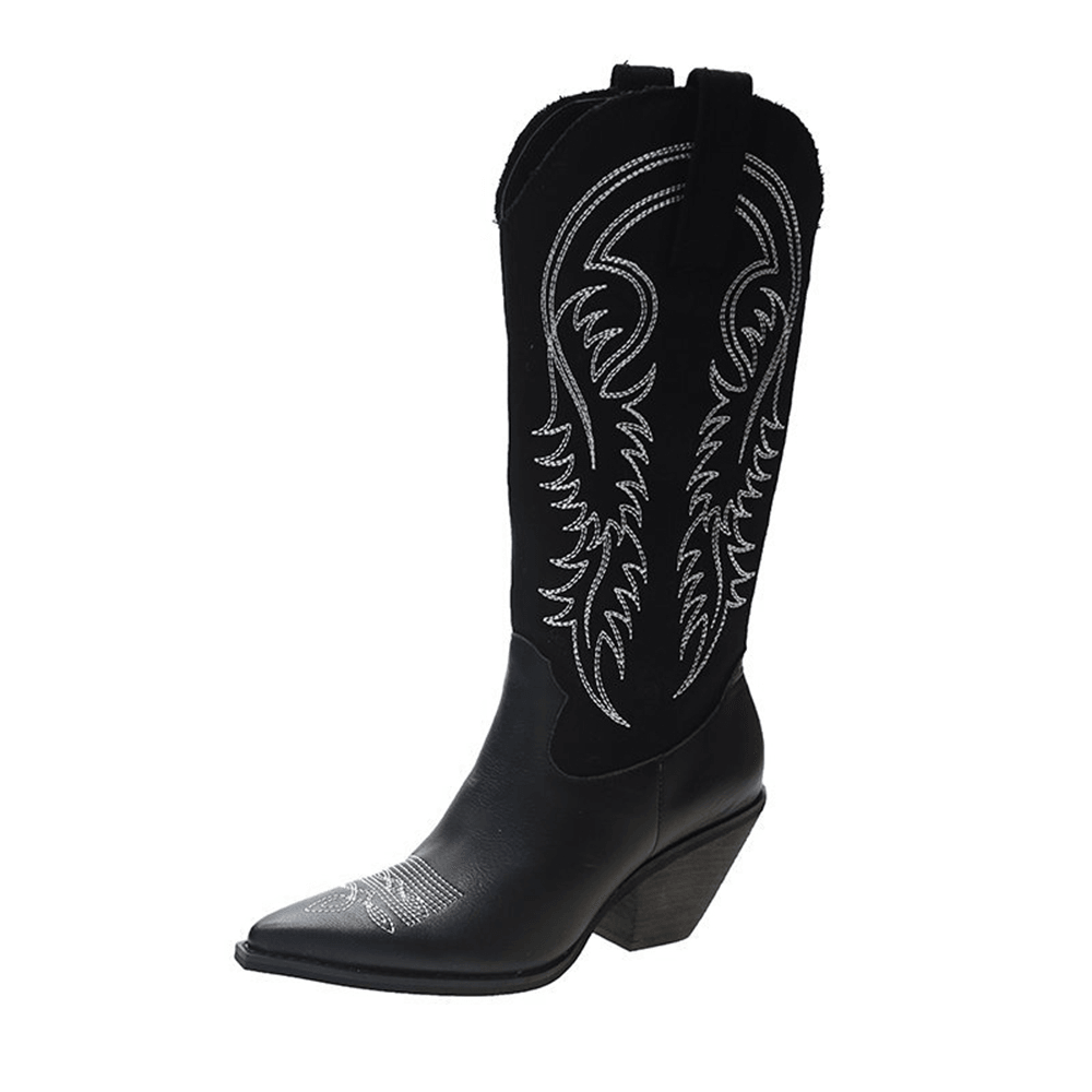 Women Embroidered Pointed Toe Chunky Heel High Cowboy Boots - MRSLM