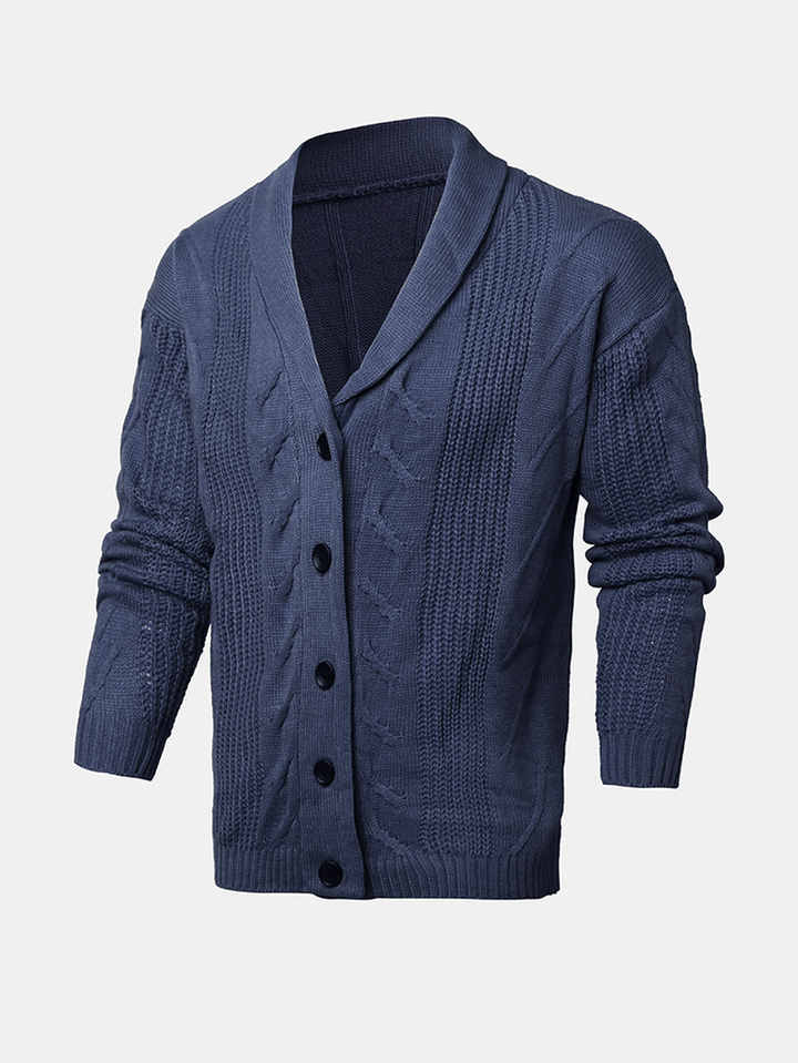 Mens Rib-Knit Button Front Lapel Solid Casual Long Sleeve Cardigans - MRSLM