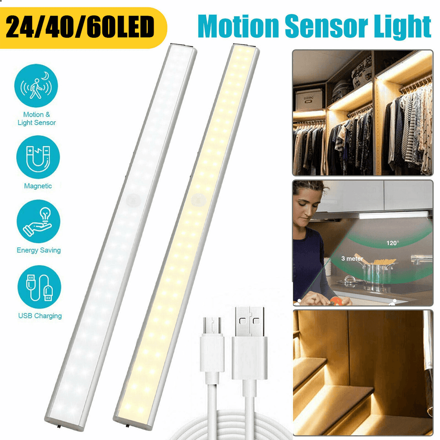 24/40/60LED Motion Sensor Closet Lights Wireless USB Rechargeable Energy Saving LED Night Light Bar Safe Lights for Closet Cabinet Wardrobe Stairs - MRSLM