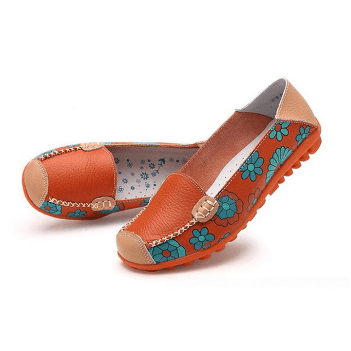 Big Size Women Flower Floral Leather Loafers Moccasins Flats Soft Ballet Shoes round Toe Flats - MRSLM