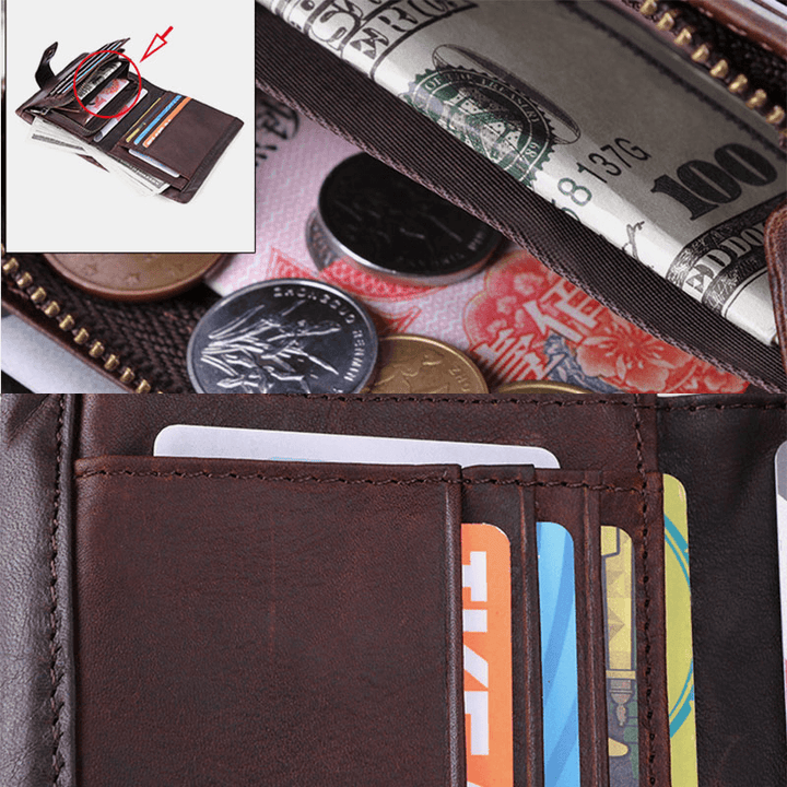 Men RFID Genuine Leather Anti-Theft Multi-Card Slots Retro Coin Wallet Foldable Card Holder Wallet - MRSLM