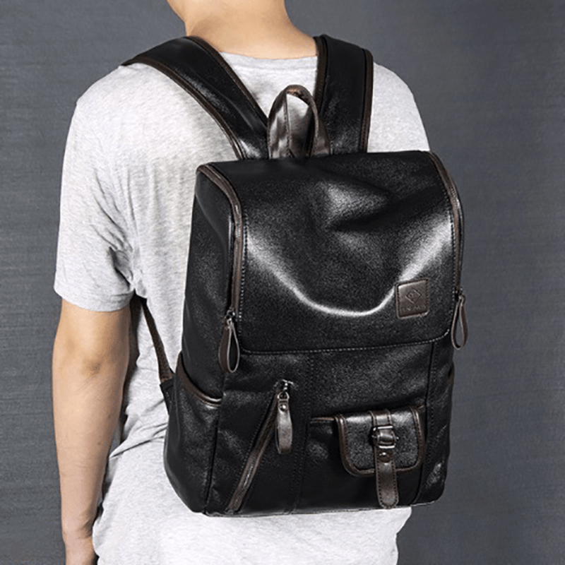 Men PU Leather Solid Vintage Large Capacity Backpack USB Charging Shoulder Bag - MRSLM