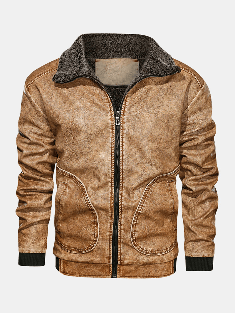 Mens Zip-Up Velvet Lined Stand Collar PU Leather Jackets - MRSLM