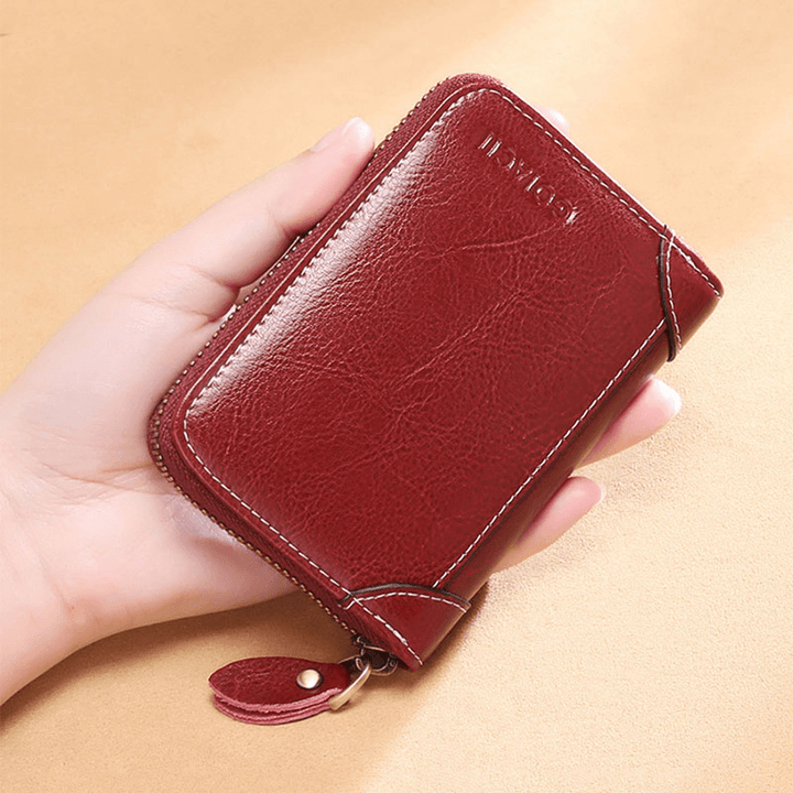 Women 12 Card Slots Rfid Genuine Leather Short Zipper Coin Purse Wallet - MRSLM