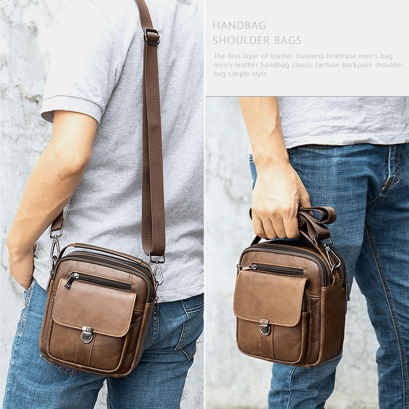 Men Genuine Leather Back Anti-Theft Pocket Crossbody Bags Retro Multi-Pocket Wear-Resistant Messenger Bag Shoulder Bag - MRSLM