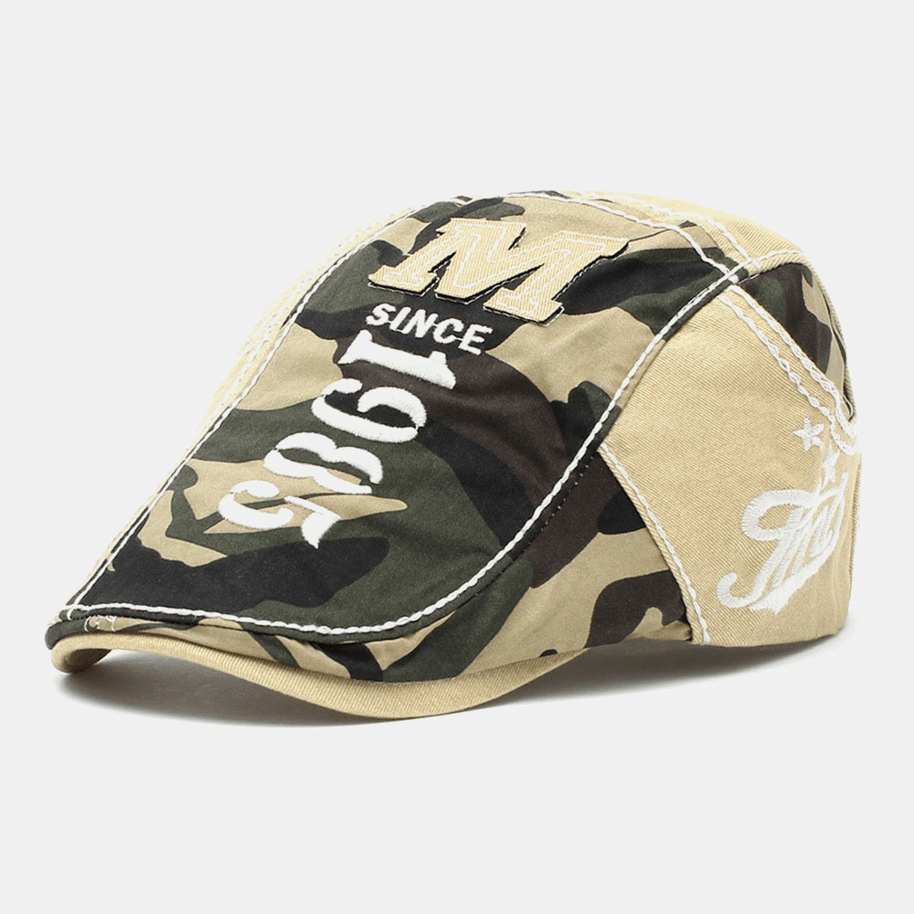 Men Cotton Camouflage Letter Embroidery Pattern Outdoor Casual Beret Cap Forward Cap Flat Hat - MRSLM