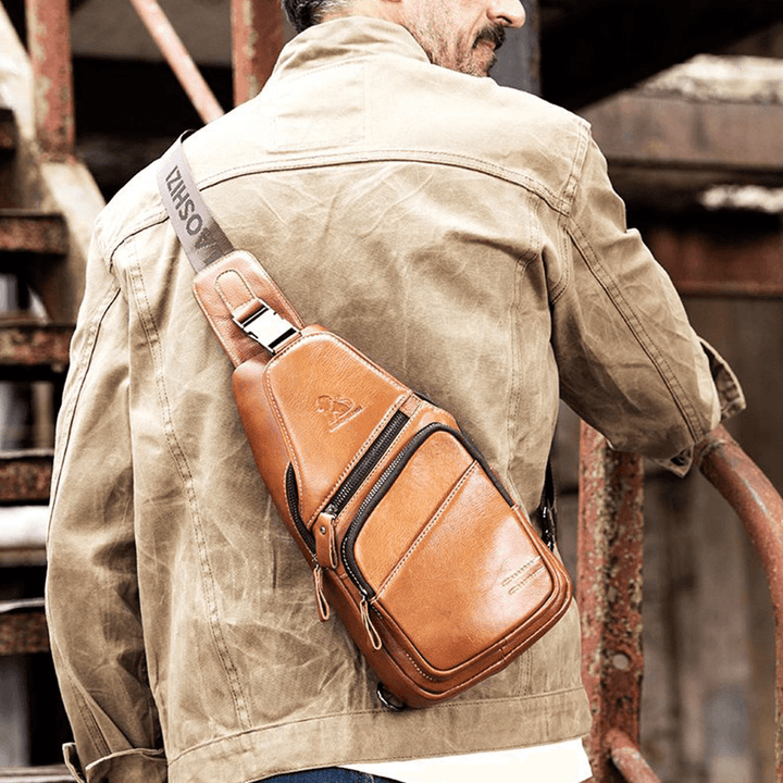 Men Genuine Leather Hasp Headphone Hole Large Capacity Vintage 6.5 Inch Phone Bag Chest Bag Crossbody Bag Shoulder Bag - MRSLM