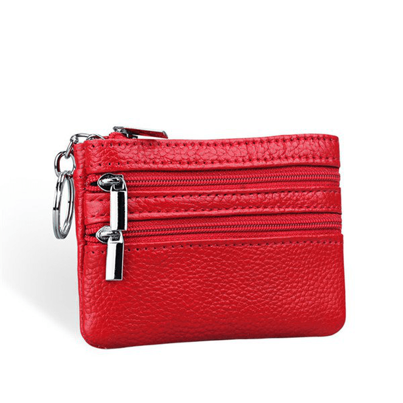 Women Genuine Leather Double Zipper Card Holder Clutch Wallet Candy Color Coin Bags - MRSLM