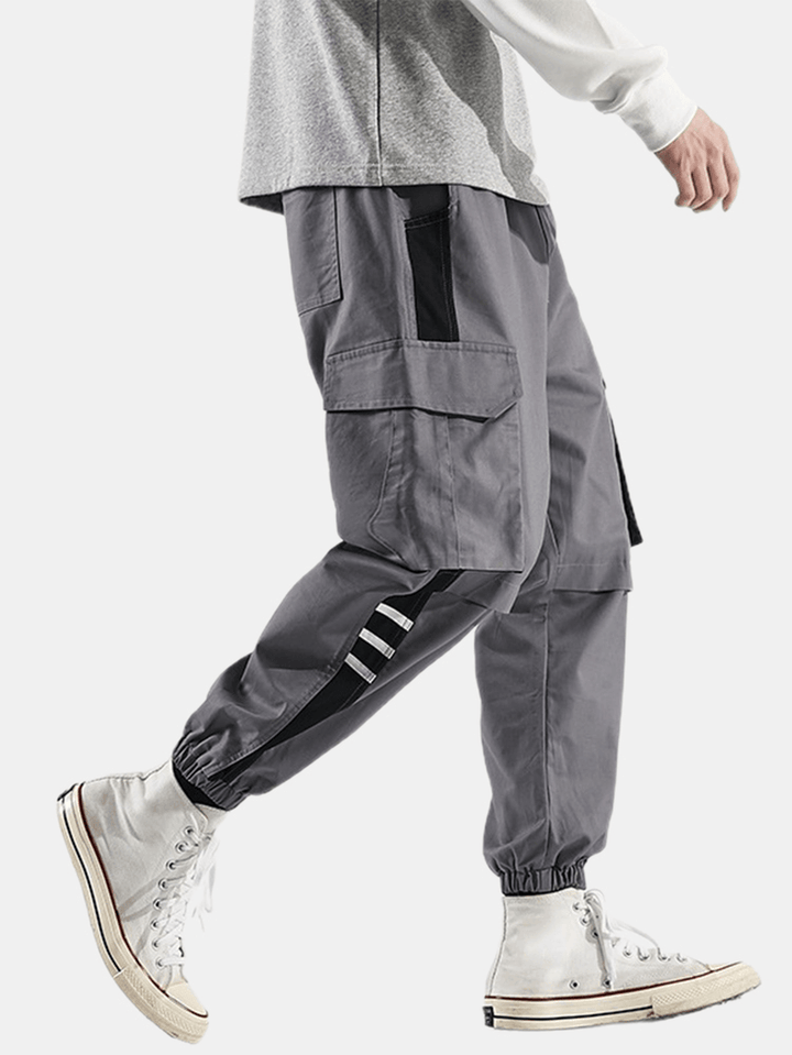 Mens Side Striped Patchwork Cotton Drawstring Cuffed Cargo Jogger Pants - MRSLM