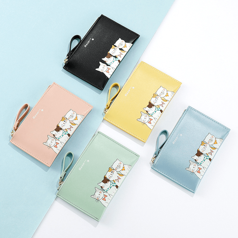 Women Faux Leather Cute Cartoon Cats Printing Ultra-Thin Card Case Coin Bag Wallet - MRSLM