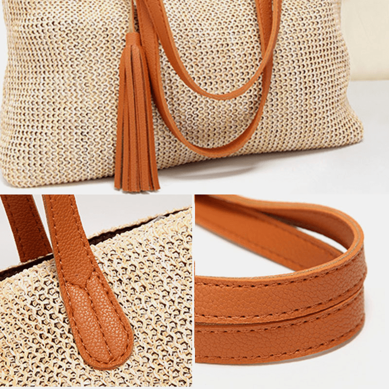 Women Tassel Decoration Large Capacity Hollow Straw Bags Handbag Shoulder Bag Beach Bag - MRSLM