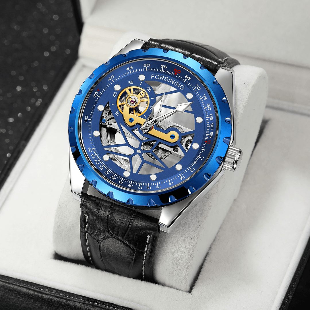 FORSINING F9005 Luxury Fashion Skeleton Hollowed Luminous Dial Genuine Leather Strap 3ATM Waterproof Men Automatic Mechanical Watch - MRSLM