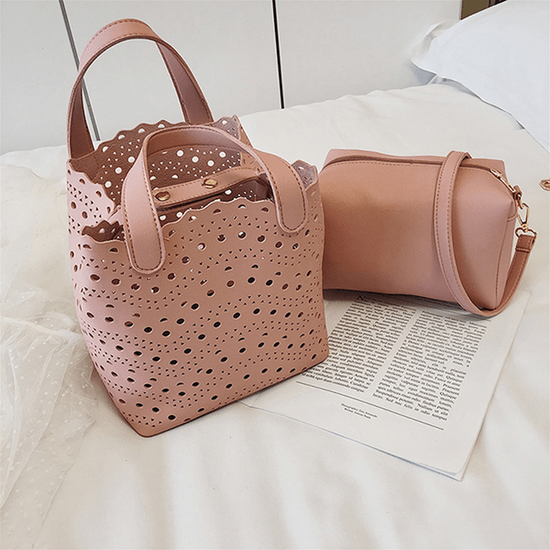 2 PCS Women Hollow Out PU Leather Bucket Bag - MRSLM