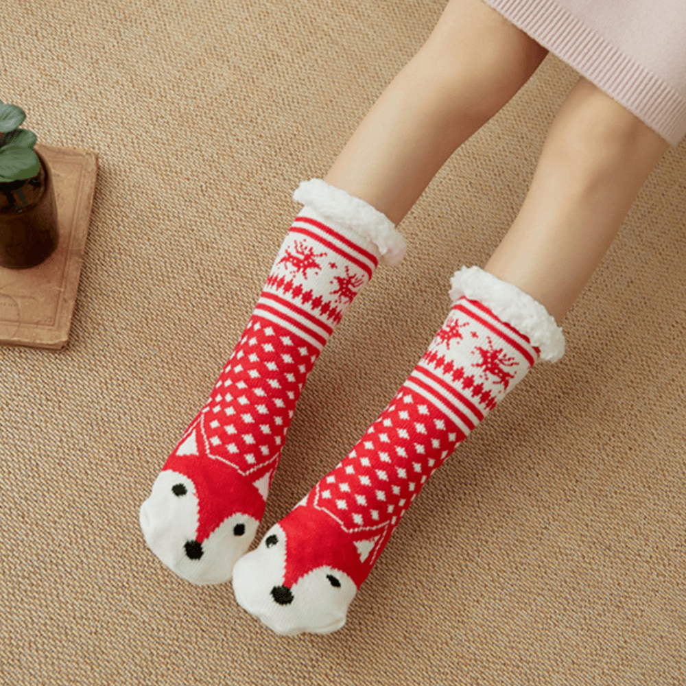 Women Warm Winter Outdoor Christmas Style Cartoon Animals Pattern plus Velvet Thicken Home Sleep Socks Tube Socks - MRSLM