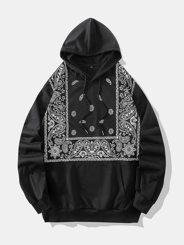 Men Cotton Paisley Kangaroo Pocket Drop Shoulder Hooded Sweatshirt - MRSLM