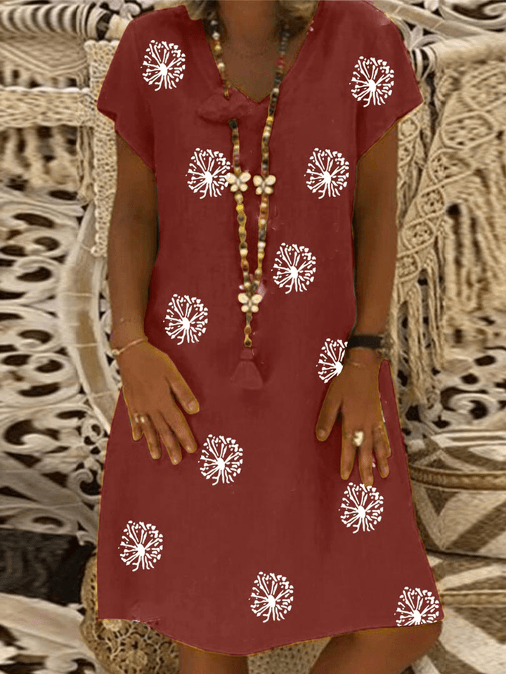 Women Vintage Floral Print V-Neck Casual Short Sleeve Loose Midi Dress - MRSLM