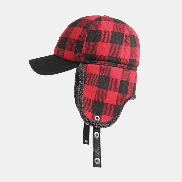 Unisex Cotton plus Velvet Thick Plaid Baseball Cap Autumn Winter Ear Protection Earmuffs Windproof Warm Hat - MRSLM