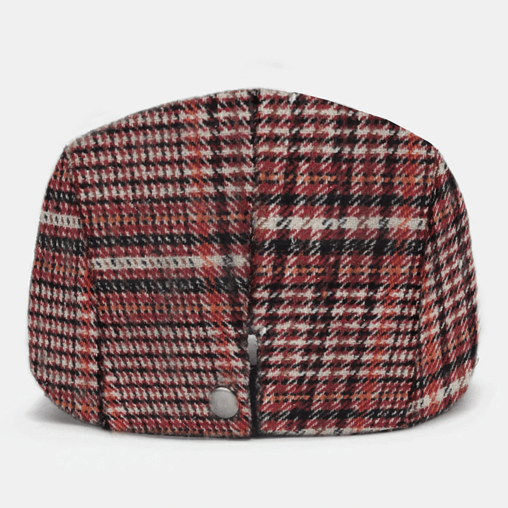 Collrown Men Plaid Knitted Beret Flat Cap Side Metal Label Adjustable Newsboy Hat - MRSLM