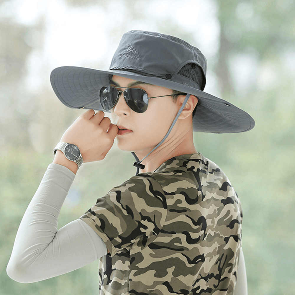 Men Summer UV Protection Wild Big Brim 12 Centimeters Visor Adjustable Sun Hat Bucket Hat for Fishing Mountaineering - MRSLM