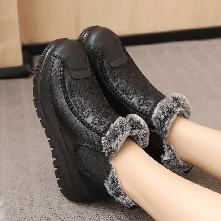 Women Comfy Floral Embroidered Waterproof Warm Lining Cotton Snow Boots - MRSLM