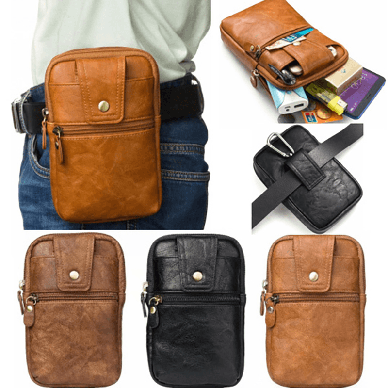 Men Genuine Leather Double Zipper Waist Bag Crossbody Bag - MRSLM