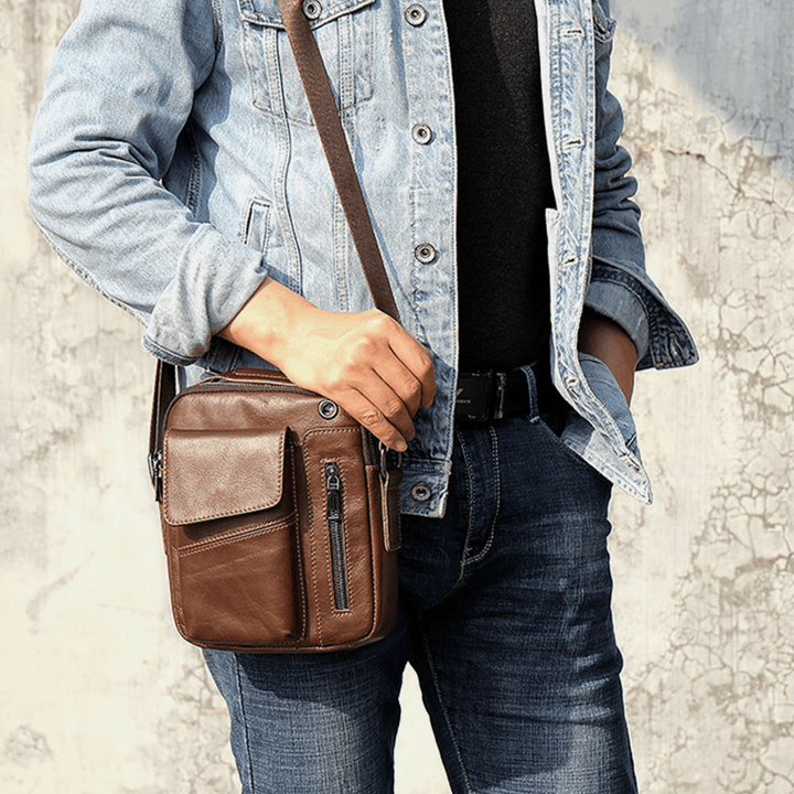 Men Genuine Leather Multi-Pockets Earphone Hole Vintage Waterproof Crossbody Bags Shoulder Bags - MRSLM