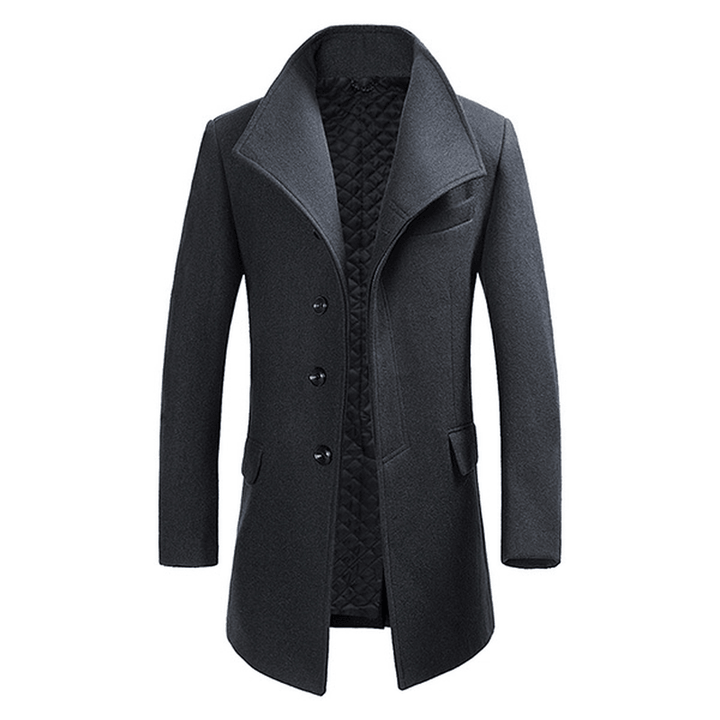 Mens Winter Single-Breasted Woolen Blended Trench Coat Fashion Solid Color Overcoat - MRSLM