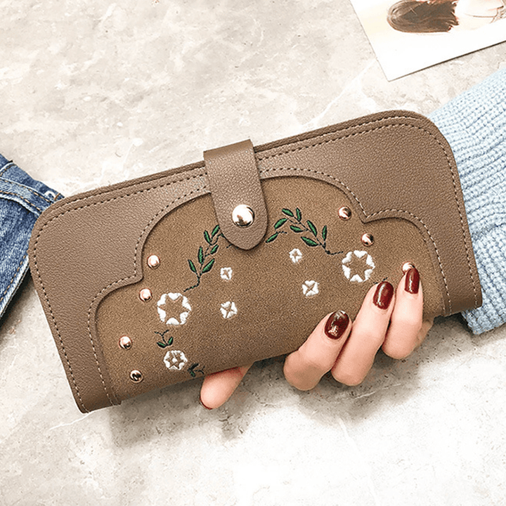 Women Dull Polish PU Leather Flower Pattern Long Wallet - MRSLM