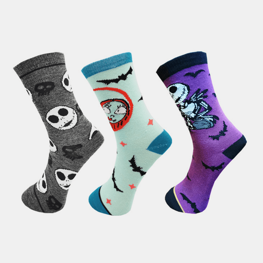 3Pcs Men Cotton Cartoon Skull Figure Casual Sport Outdoor Anti-Slip Tube Socks - MRSLM