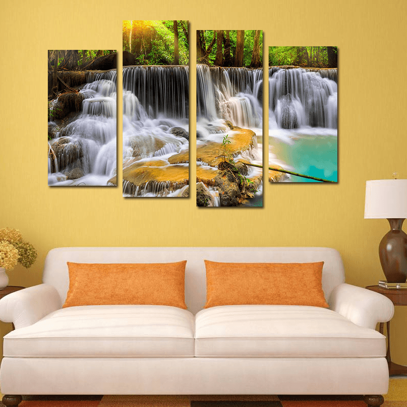 Miico Hand Painted Four Combination Decorative Paintings Ancient Small Waterfall Wall Art for Home Decoration - MRSLM