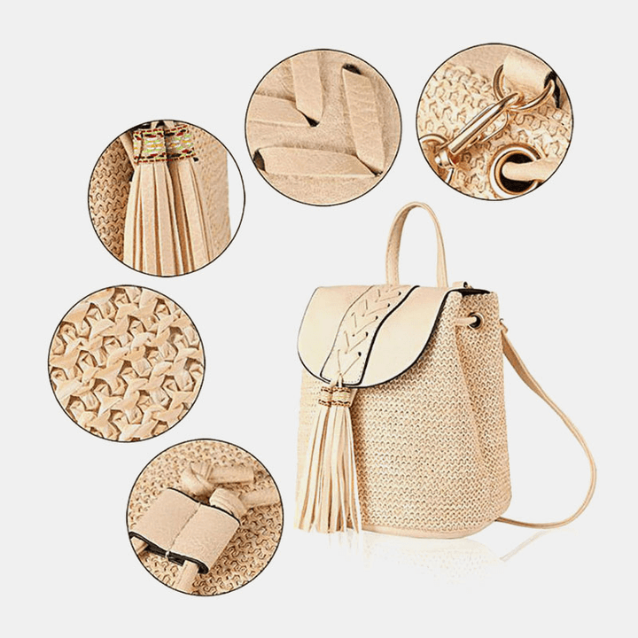 Women Tassel Straw Bag Retro Beach Bag Backpack Bucket Bag - MRSLM