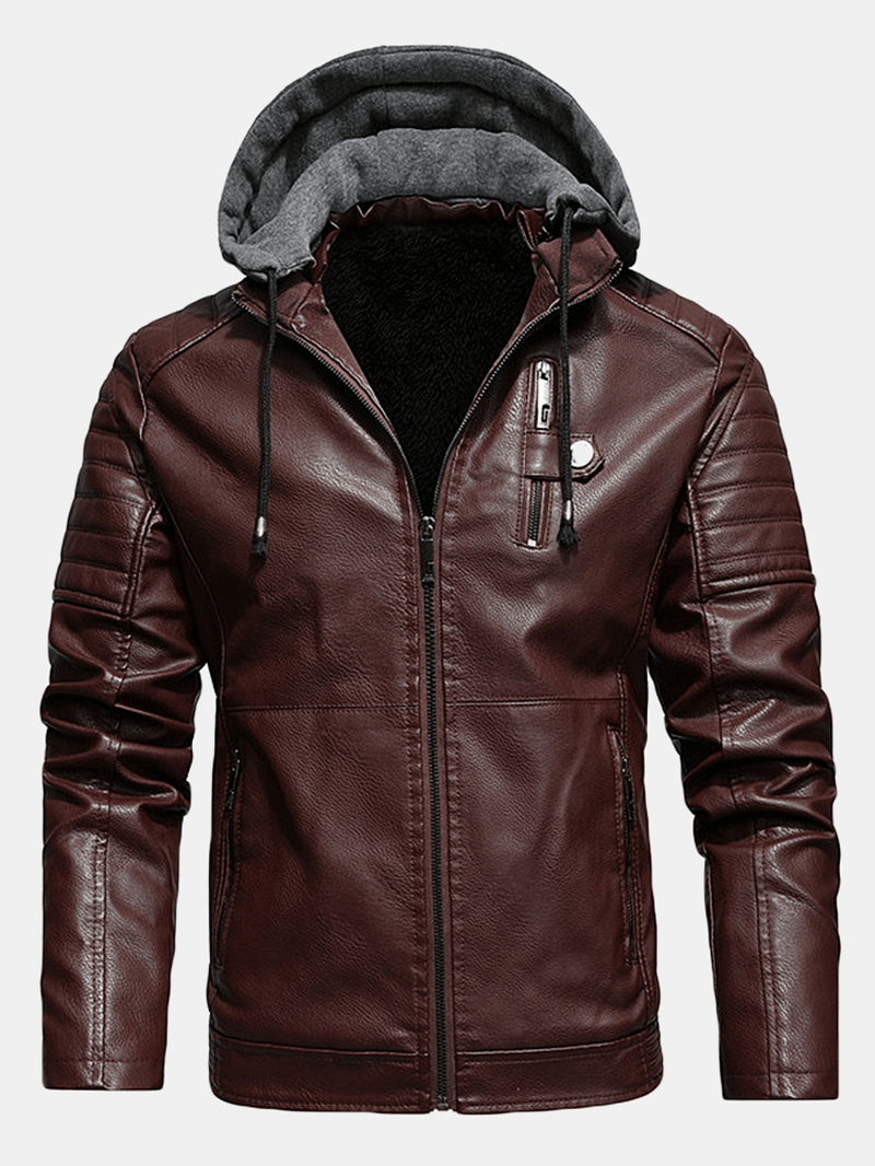 Mens PU Leather plus Velvet Zip Front Thicken Hooded Jackets with Zipped Welt Pockets - MRSLM