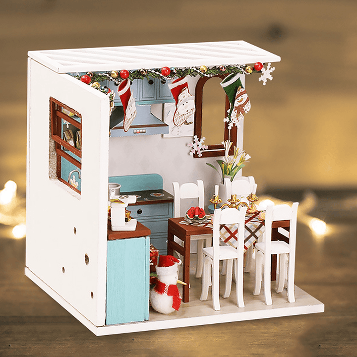 Wooden Dining Room DIY Handmade Assemble Doll House Miniature Furniture Kit Education Toy with LED Light for Collection Birthday Gift - MRSLM