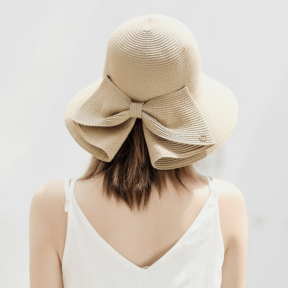 Women Foldable Rear Split Design Bow Straw Hat Adjustable Breathable Summer Casual Wild Sunshade Bucket Hat - MRSLM