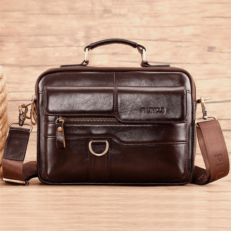 Men Genuine Leather Multi-Pocket Crossbody Bags Large Capacity Retro 6.5 Inch Phone Bag Briefcase Shoulder Bag Handbag - MRSLM