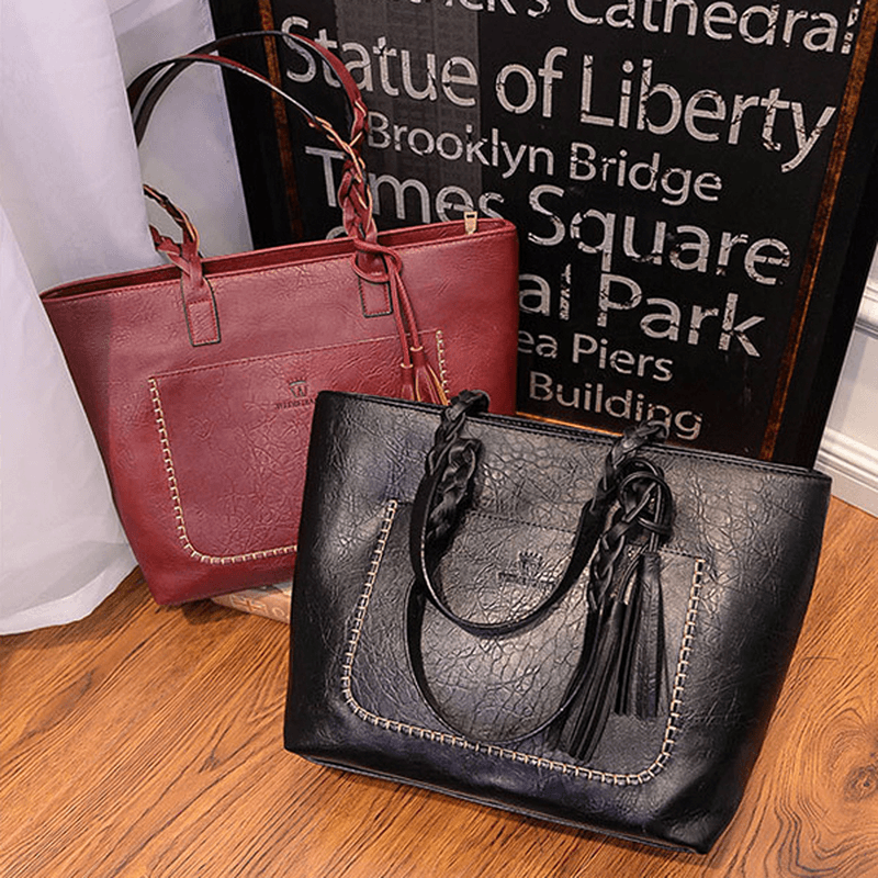 Women Solid Faux Leather Tassel Tote Bag Large Capacity - MRSLM