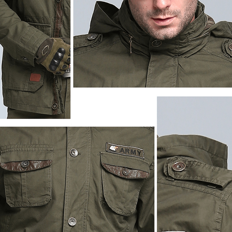 Tactical Army Military Style Multi Pockets Stand Collar Detachable Hood Outdoor Jackets for Men - MRSLM